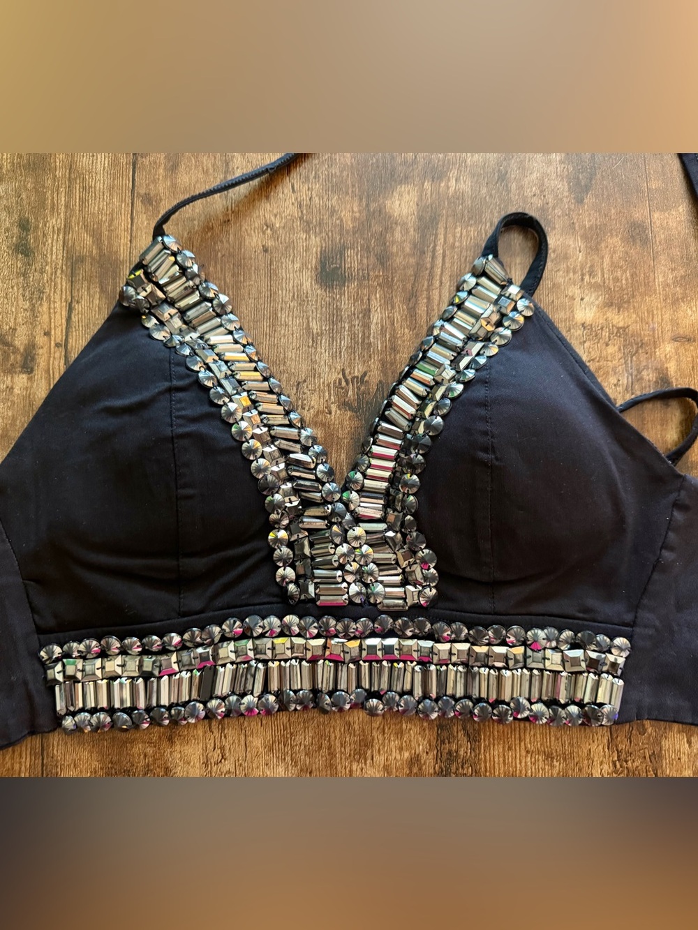 Black Embellished V-Neck Crop Top